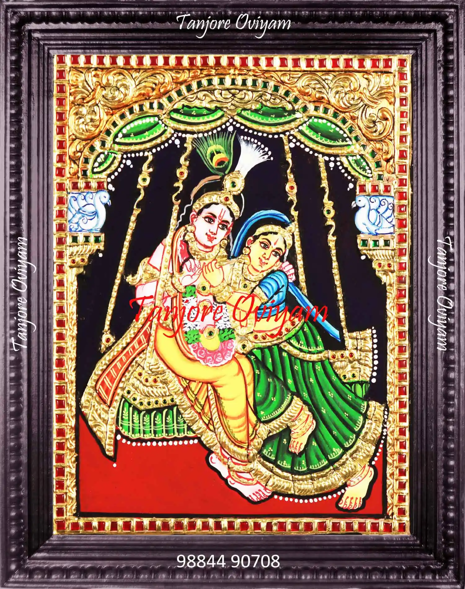 Unjal Radha Krishna Tanjore painting showing Radha Krishna on swing with gold and traditional jhula detailing